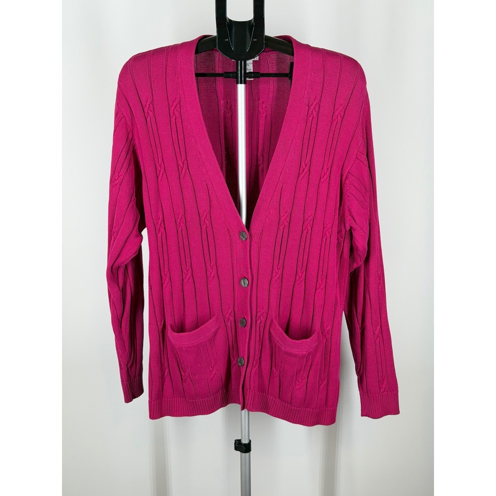 Talbots Pink Cable Knit Cardigan Sweater Womens Large Cotton V-Neck Button Front